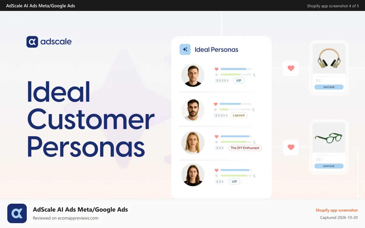 AdScale AI Ads Meta/Google Ads Shopify app screenshot: Ideal customer personas