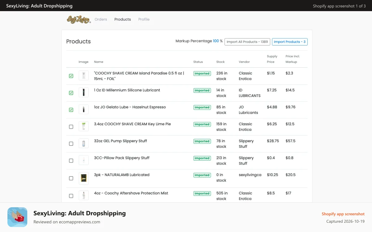 SexyLiving: Adult Dropshipping Shopify app screenshot: Dropshipping Product Import