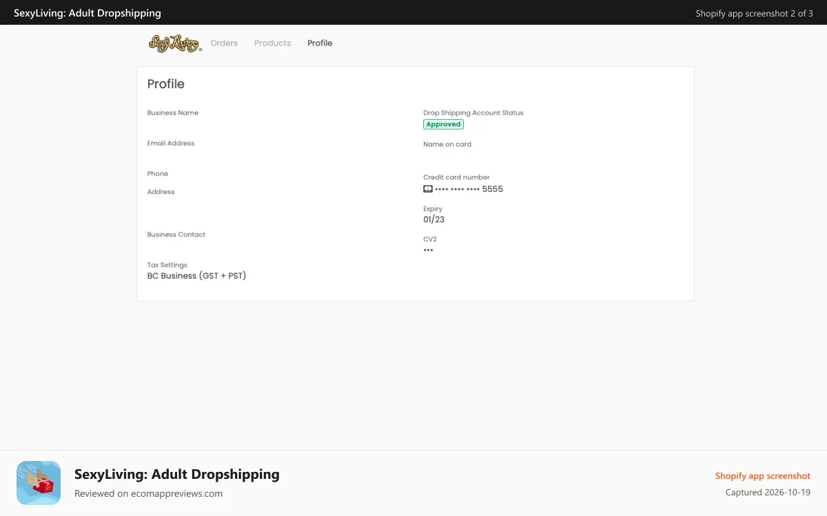 SexyLiving: Adult Dropshipping Shopify app screenshot: Profile Management