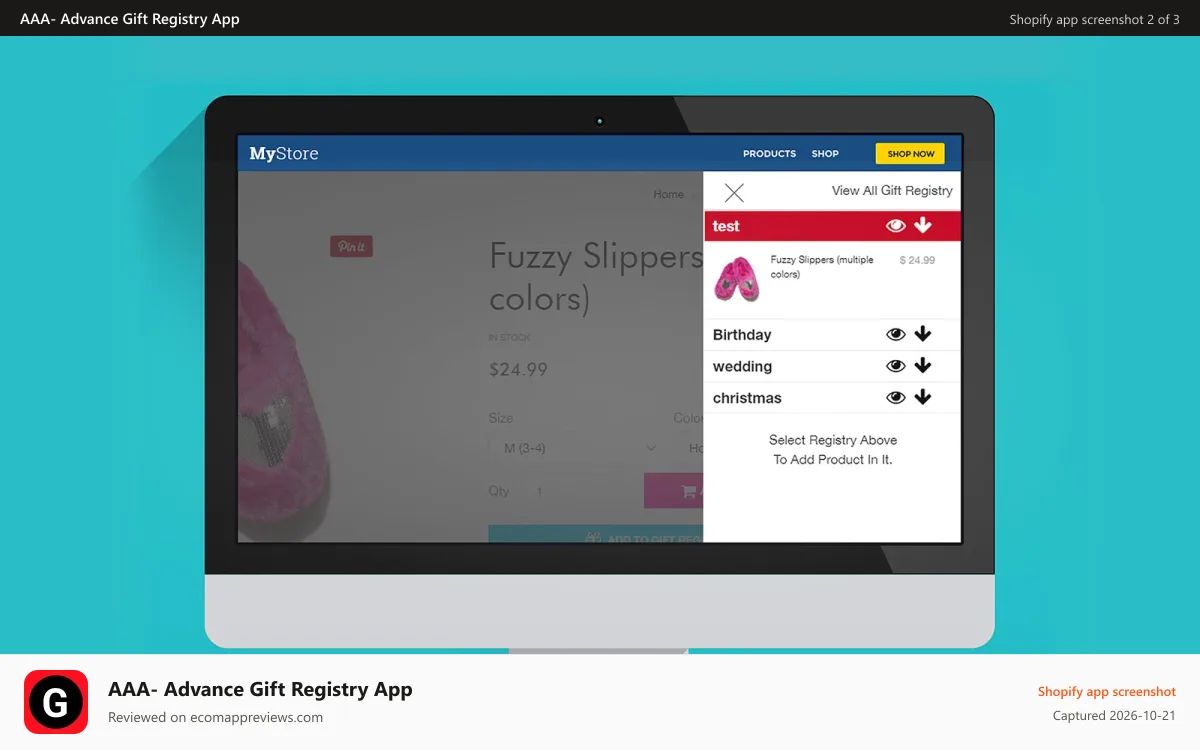 AAA‑ Advance Gift Registry App Shopify app screenshot: Slide Panel Gift Registry Shopify