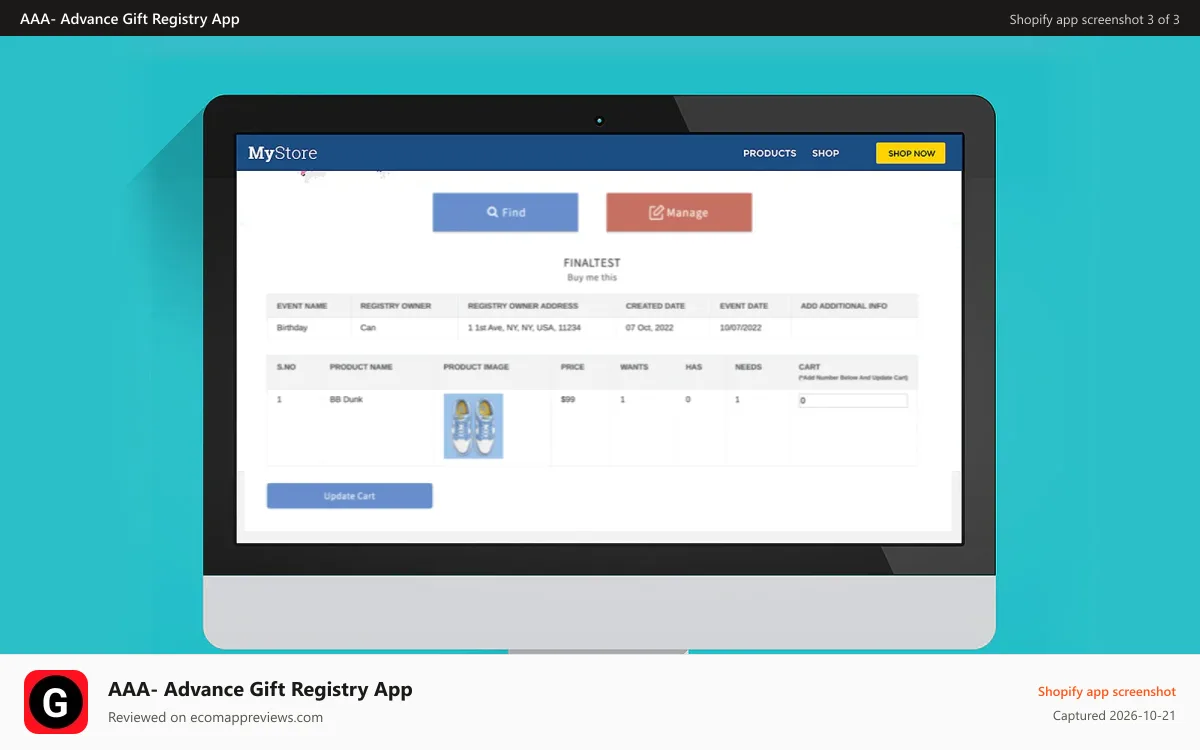 AAA‑ Advance Gift Registry App Shopify app screenshot: Manage Gift Registry Shopify