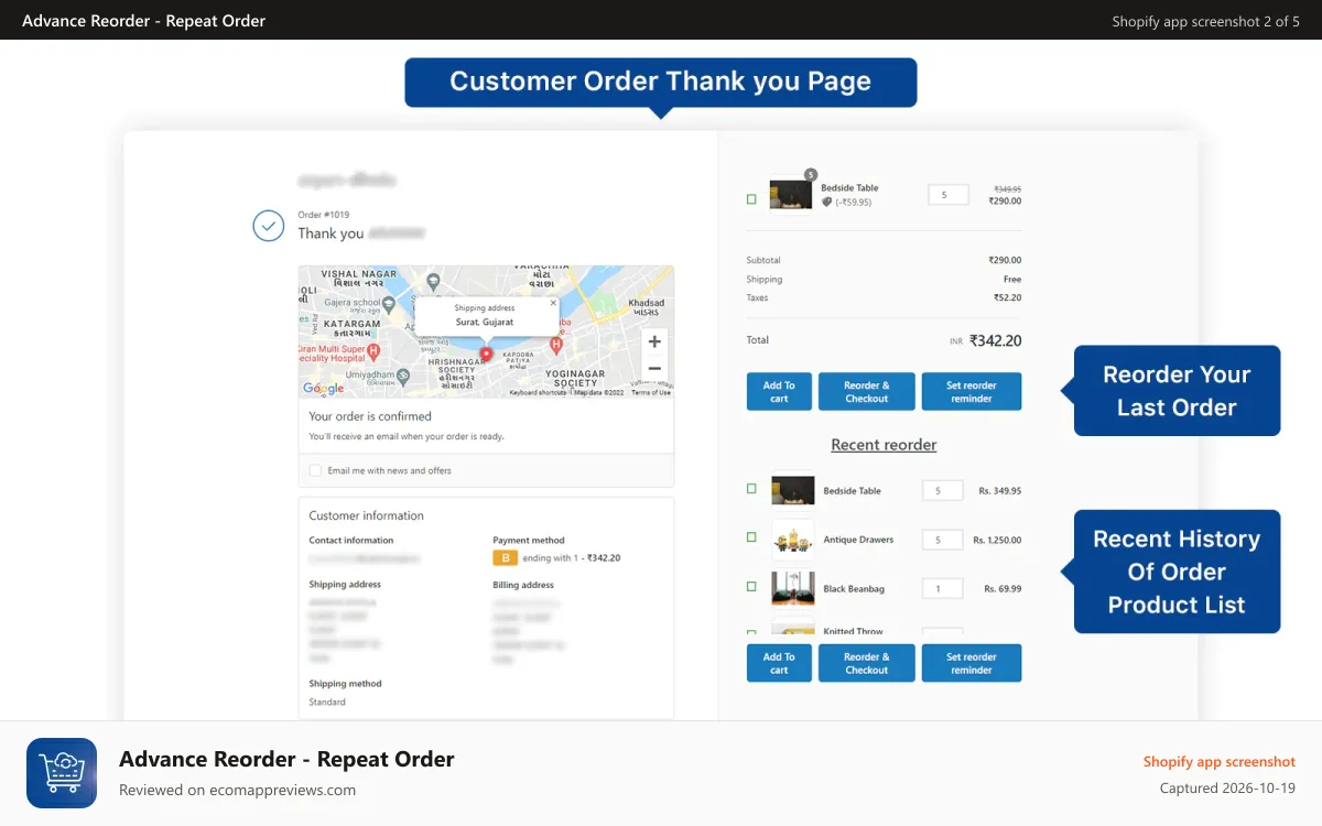 Advance Reorder ‑ Repeat Order Shopify app screenshot: Repeat order, set reorder reminder or reorder and checkout