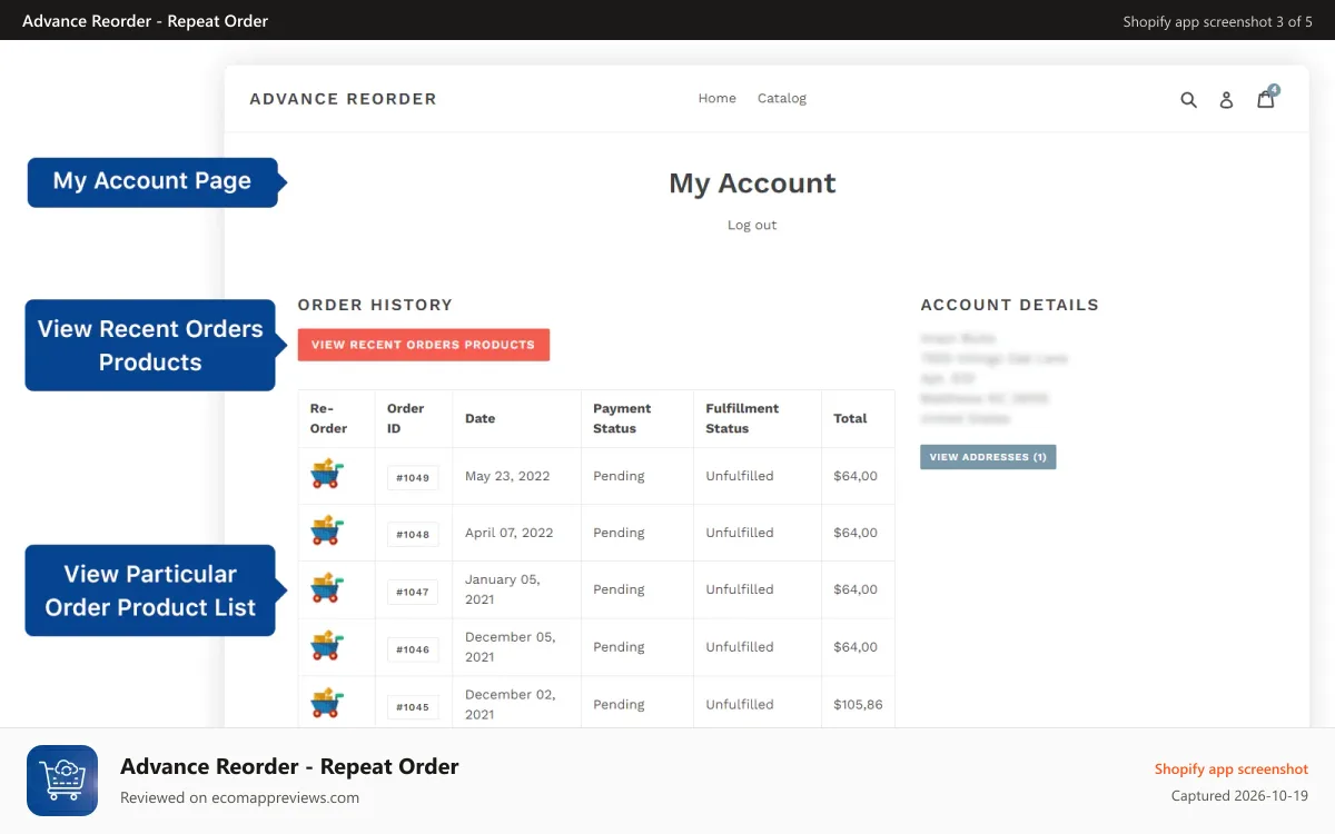 Advance Reorder ‑ Repeat Order Shopify app screenshot: Re order again from recent order history shown on thank you page