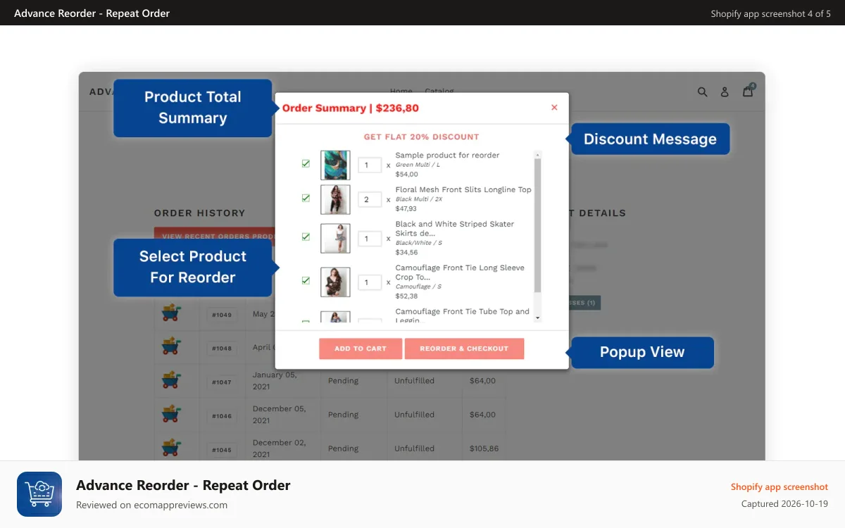 Advance Reorder ‑ Repeat Order Shopify app screenshot: Repeat order from order history shown on my account page