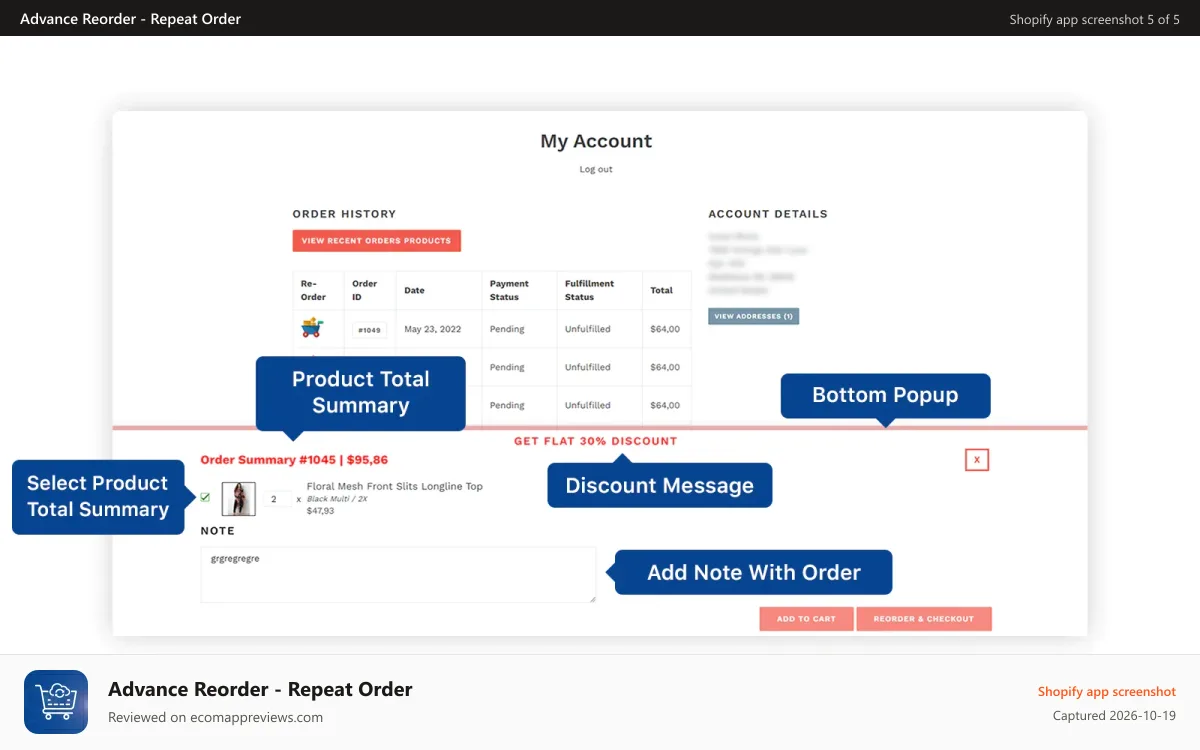 Advance Reorder ‑ Repeat Order Shopify app screenshot: Select product you want to reorder again from the order summary
