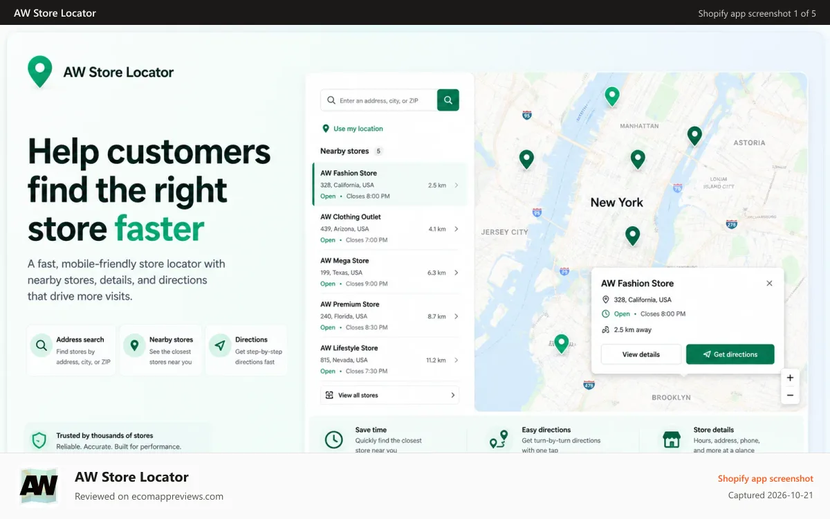 AW Store Locator Shopify app screenshot: Store locator map with nearby store locations