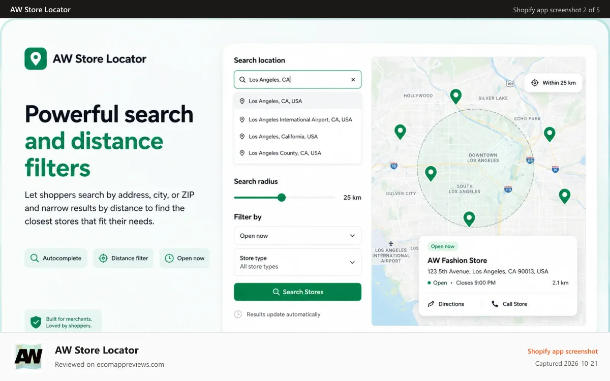 AW Store Locator Shopify app screenshot: Customer-facing store locator map with nearby locations