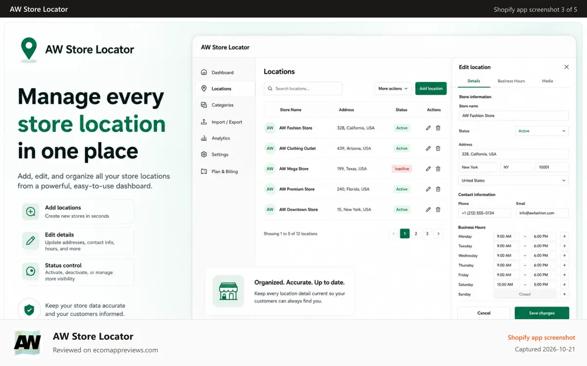 AW Store Locator Shopify app screenshot: Address search with distance filters and autocomplete