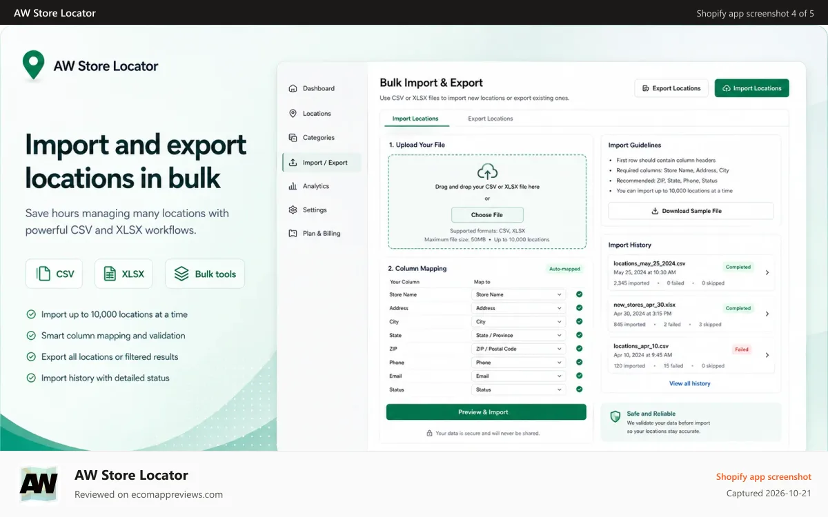 AW Store Locator Shopify app screenshot: Location management dashboard for multiple stores