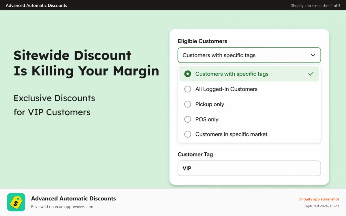 Advanced Automatic Discounts Shopify app screenshot: Target VIP customers with tag-based exclusive discounts