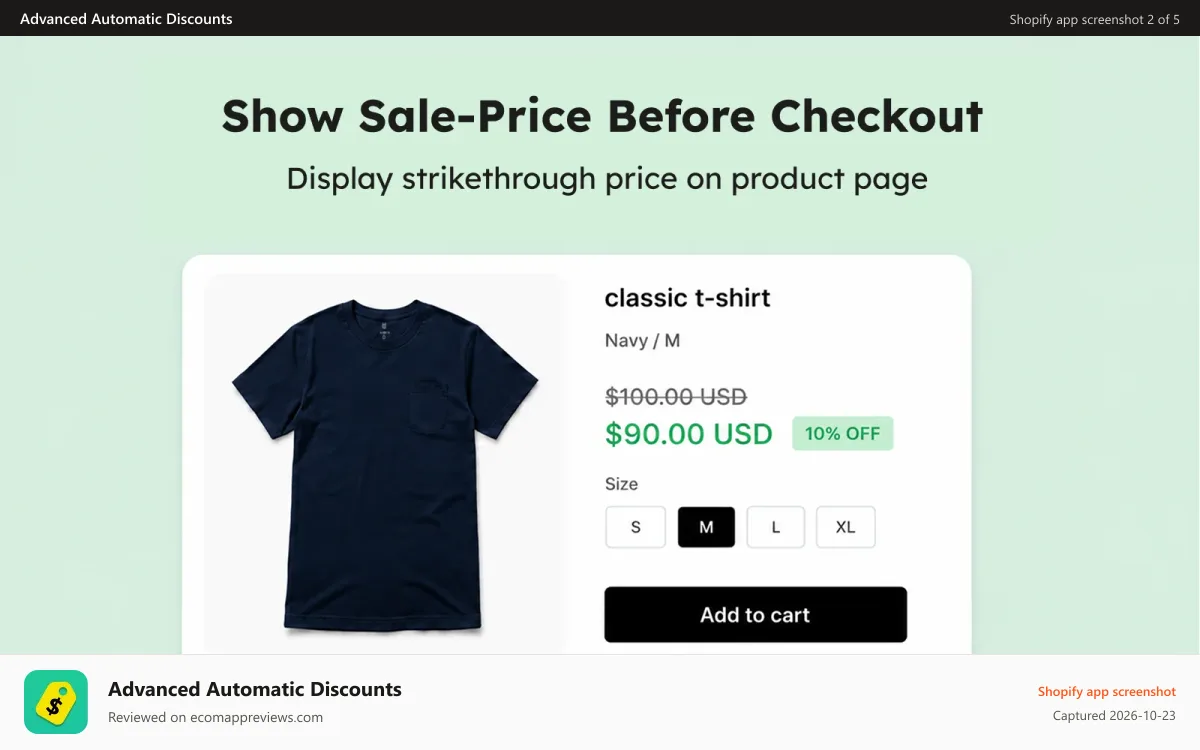 Advanced Automatic Discounts Shopify app screenshot: Show strikethrough sale price on product page before checkout