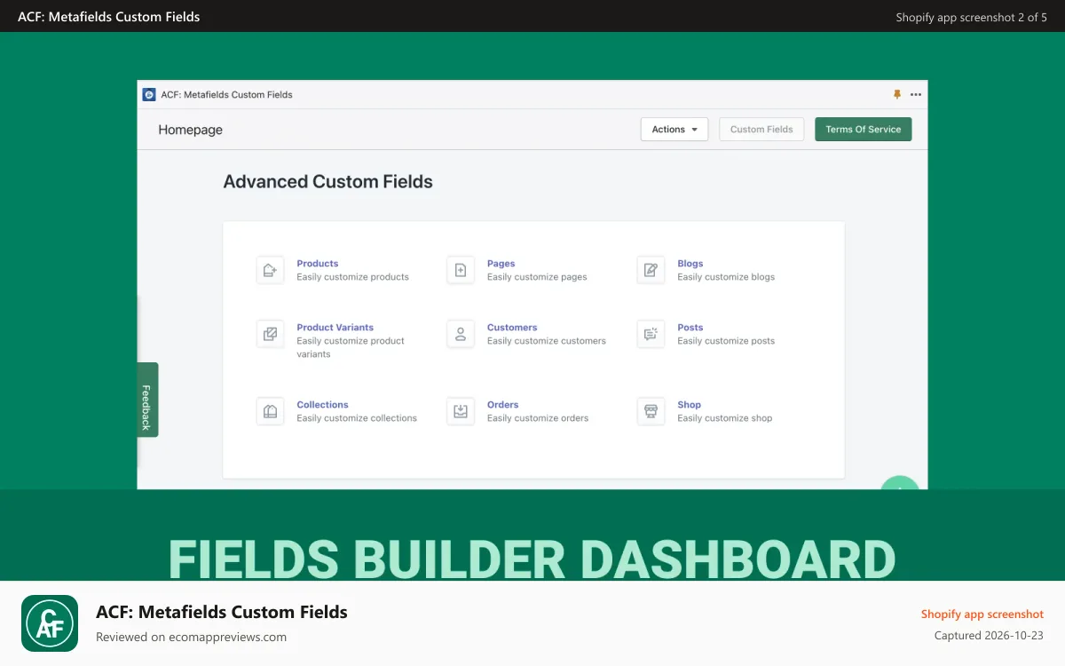 ACF: Metafields Custom Fields Shopify app screenshot: Field Builder Dashboard