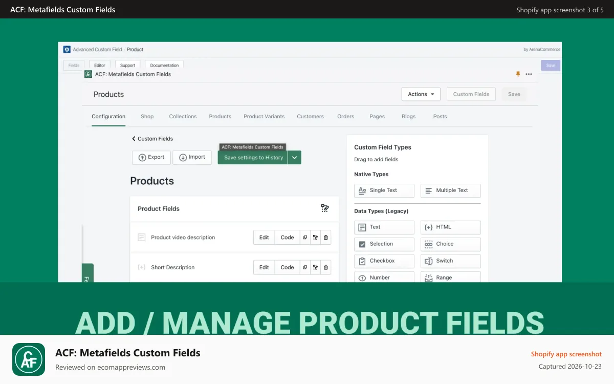 ACF: Metafields Custom Fields Shopify app screenshot: Add Product Fields