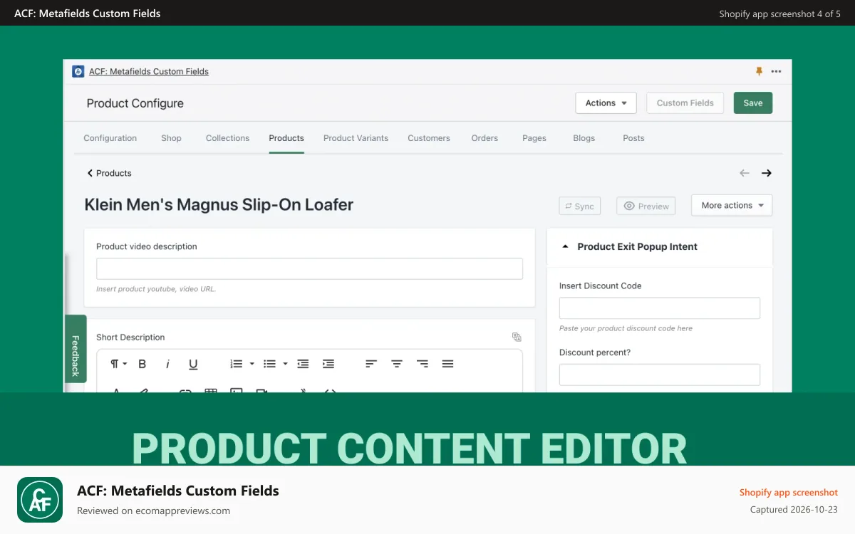 ACF: Metafields Custom Fields Shopify app screenshot: Content Editor