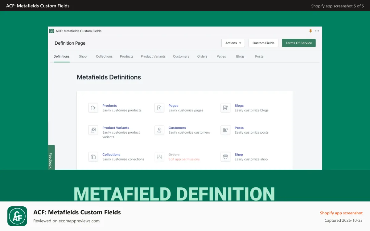 ACF: Metafields Custom Fields Shopify app screenshot: Metafield Definition