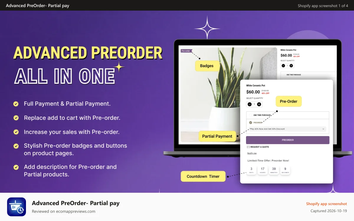 Advanced PreOrder‑ Partial pay Shopify app screenshot: All in one