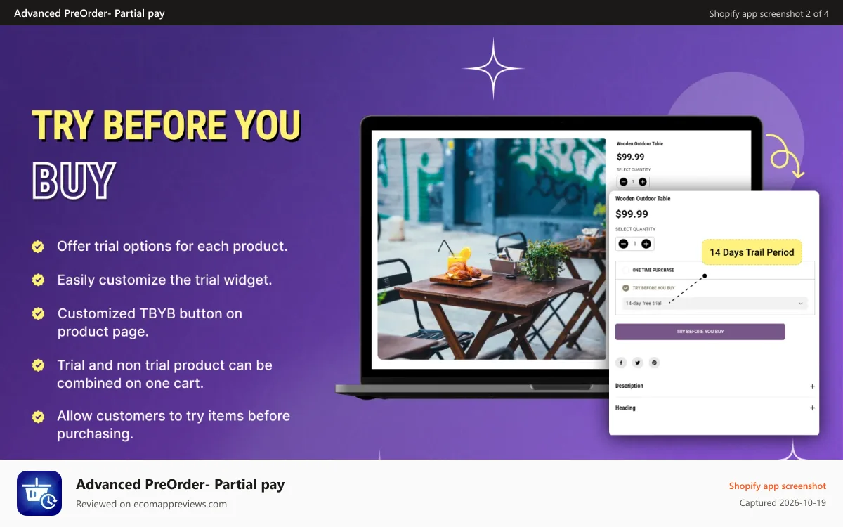 Advanced PreOrder‑ Partial pay Shopify app screenshot: Try Before You Buy