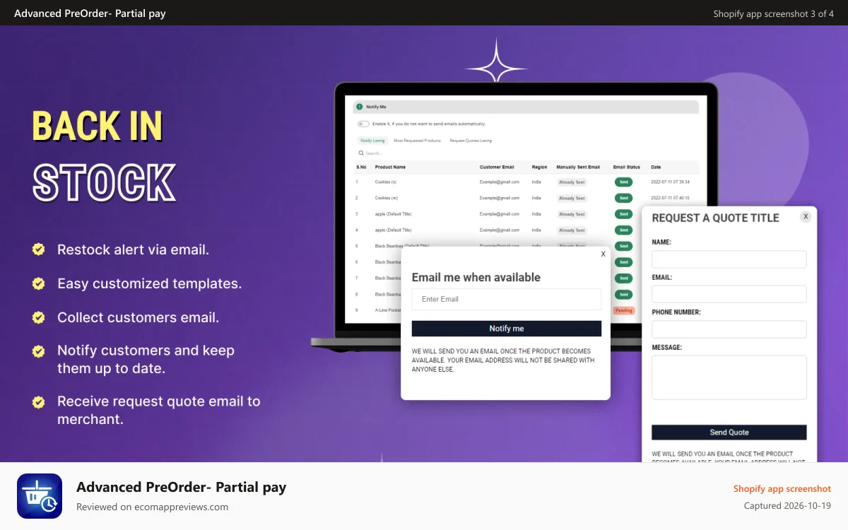 Advanced PreOrder‑ Partial pay Shopify app screenshot: Back in Stock