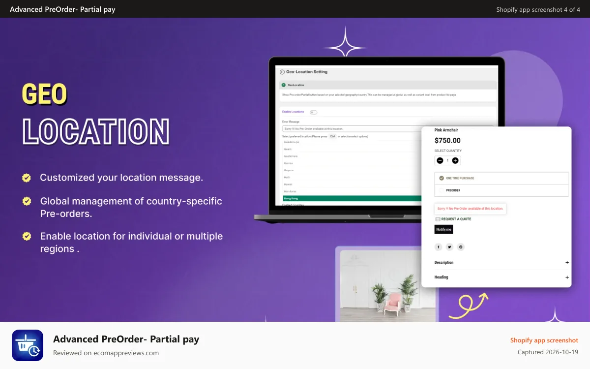Advanced PreOrder‑ Partial pay Shopify app screenshot: Geo-location