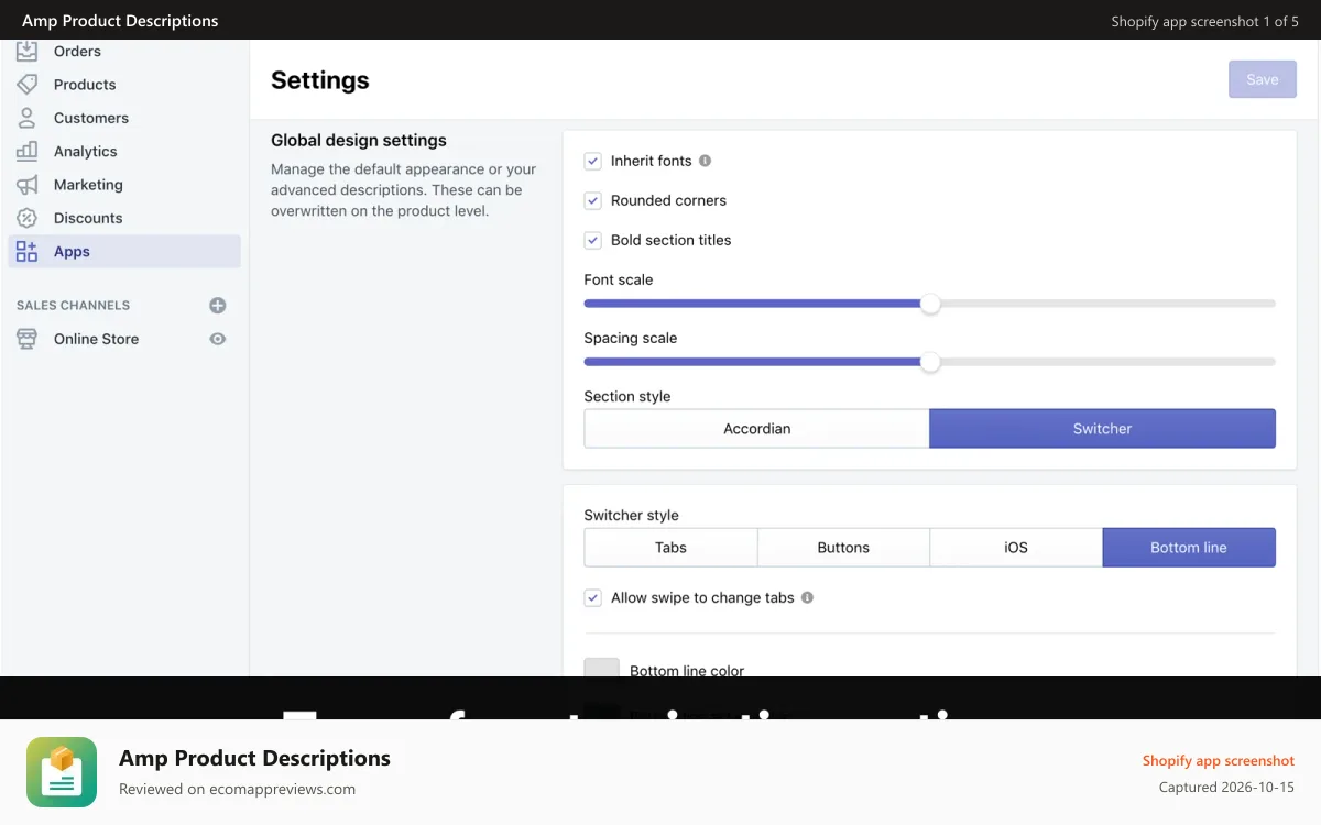 Amp Product Descriptions Shopify app screenshot: Customizable product descriptions