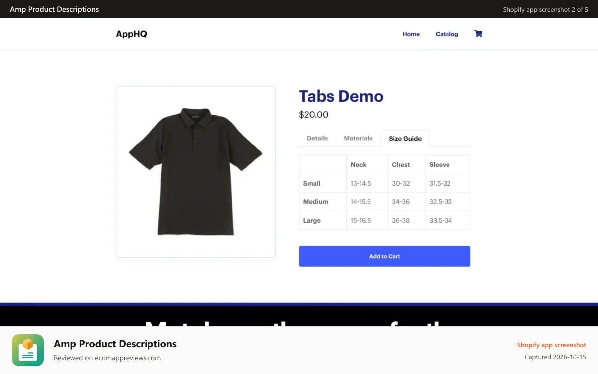 Amp Product Descriptions Shopify app screenshot: Tabs that match any theme