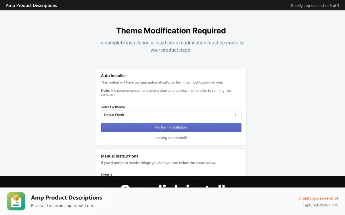 Amp Product Descriptions Shopify app screenshot: One-click install for new tabs
