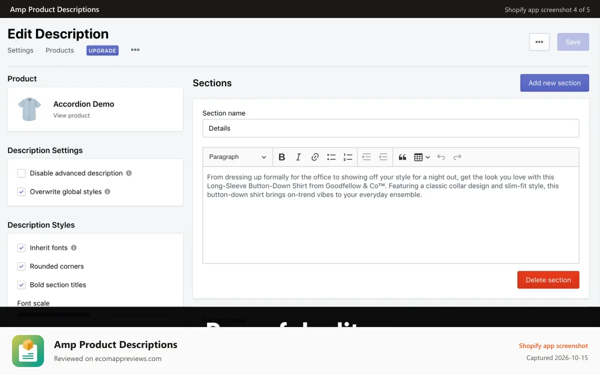 Amp Product Descriptions Shopify app screenshot: Powerful product description editors