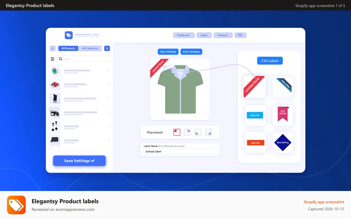 Elegantsy Product labels Shopify app screenshot: product labels css templates