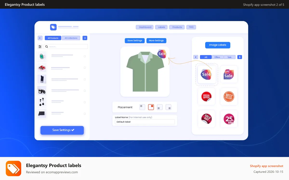 Elegantsy Product labels Shopify app screenshot: product labels image templates