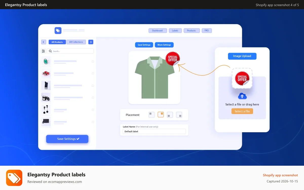 Elegantsy Product labels Shopify app screenshot: product labels custom image bages upload
