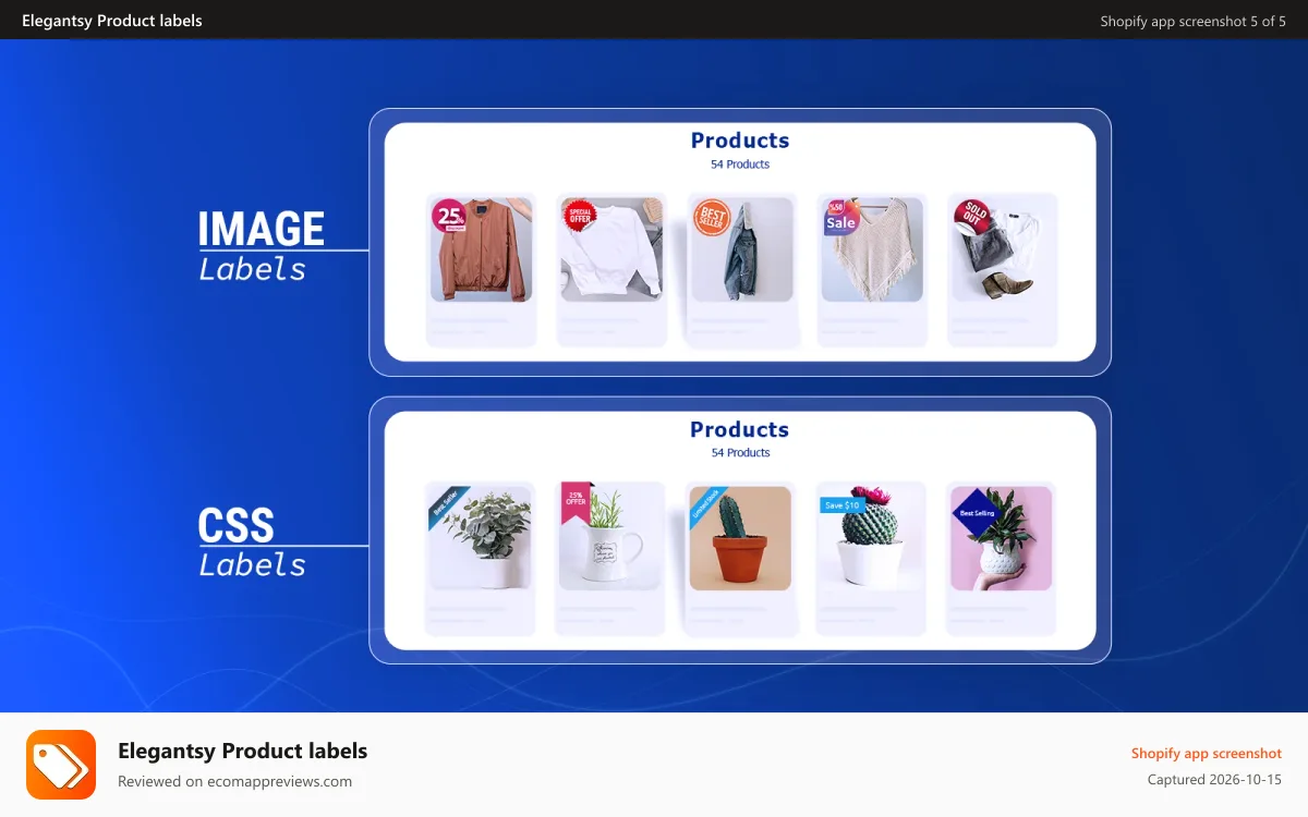 Elegantsy Product labels Shopify app screenshot: display product labels on front store