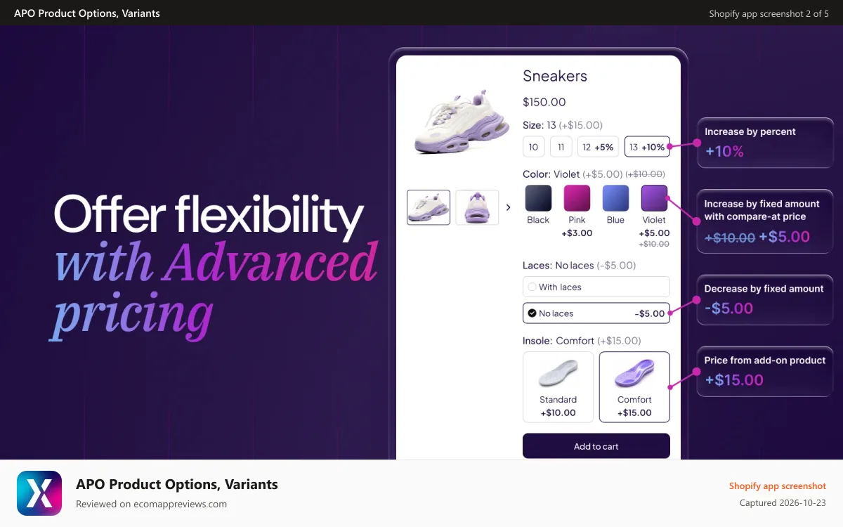 APO Product Options, Variants Shopify app screenshot: Advanced pricing for product options