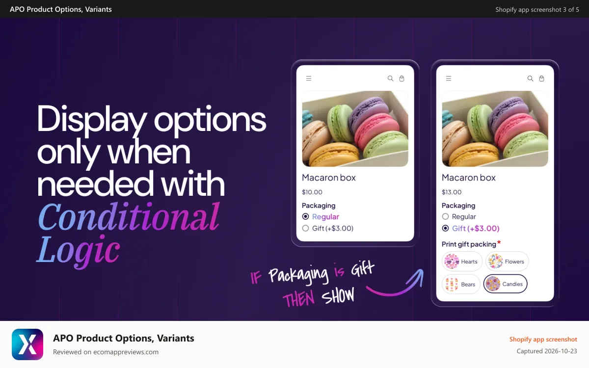 APO Product Options, Variants Shopify app screenshot: Conditional logic for options