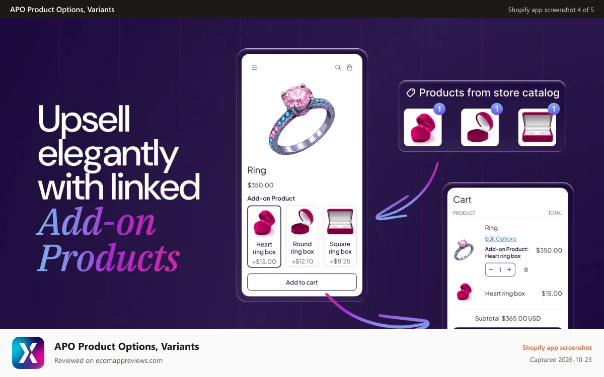 APO Product Options, Variants Shopify app screenshot: Add-on products