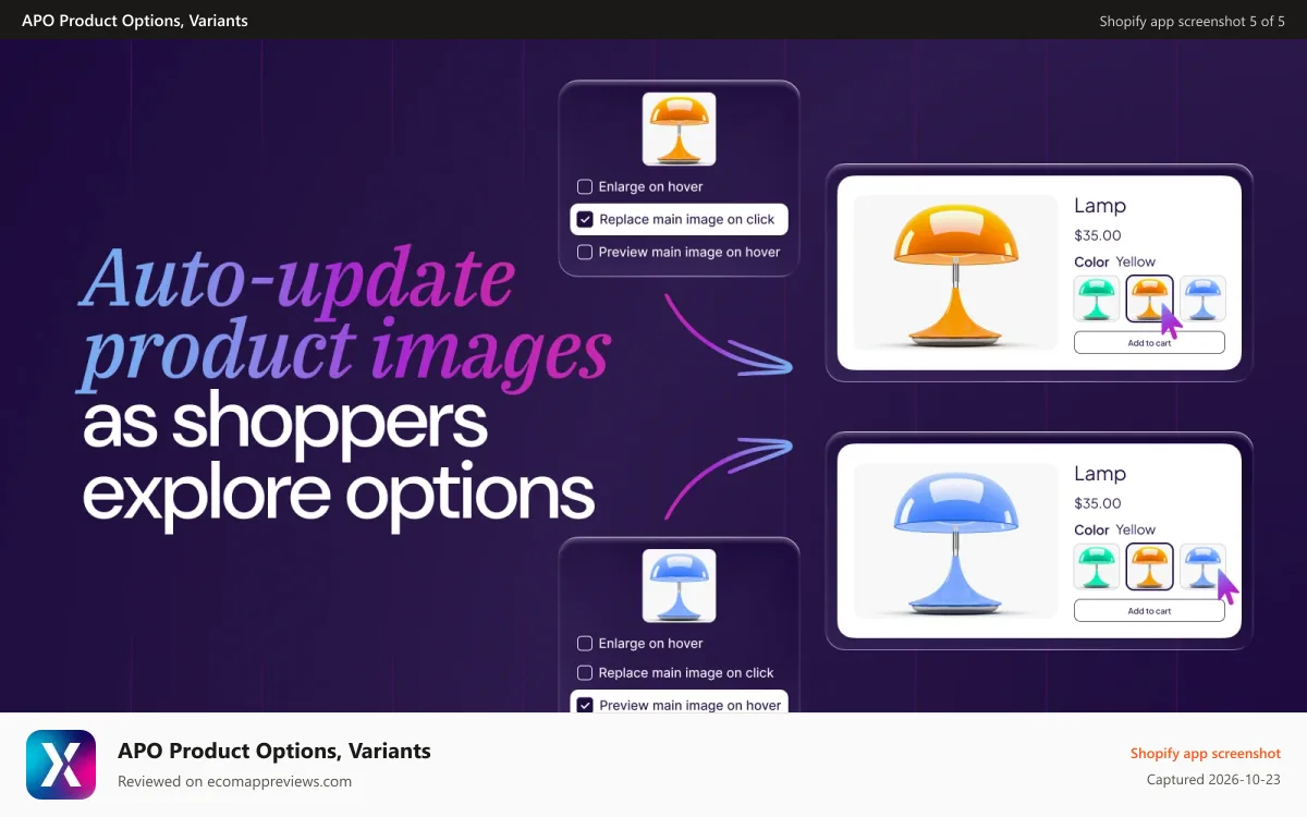 APO Product Options, Variants Shopify app screenshot: Auto-update product images as shoppers explore options