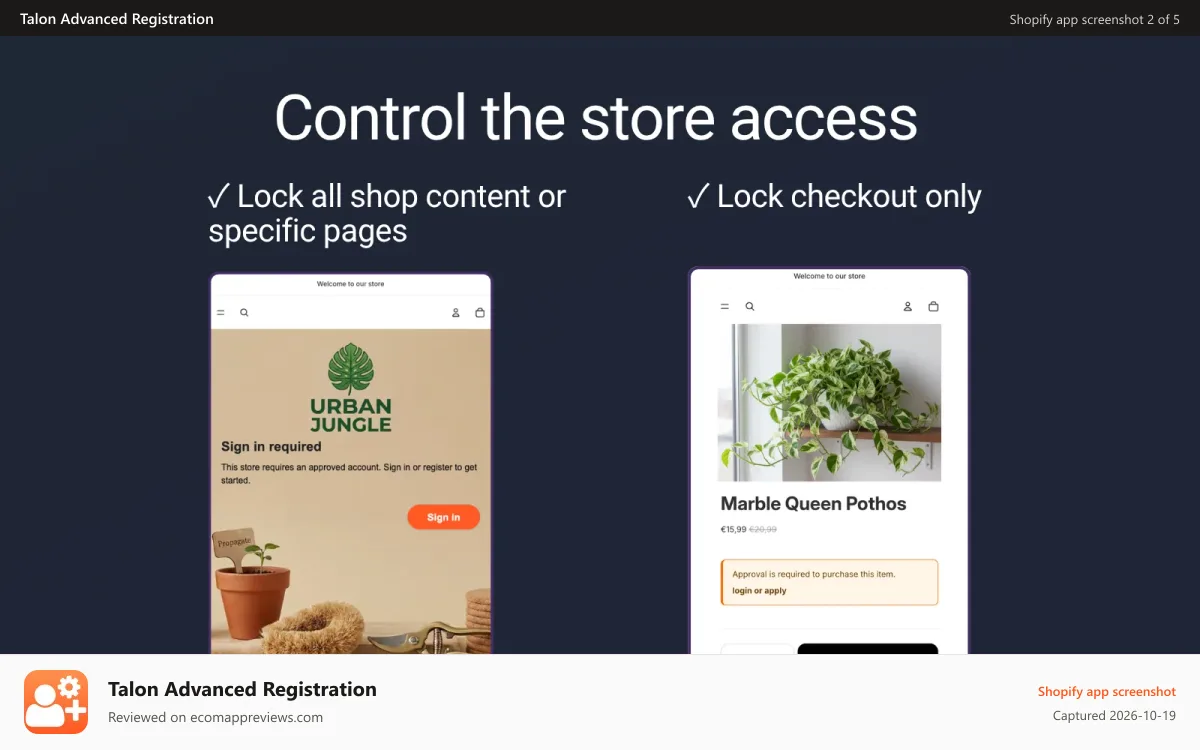 Talon Advanced Registration Shopify app screenshot: Control the store access