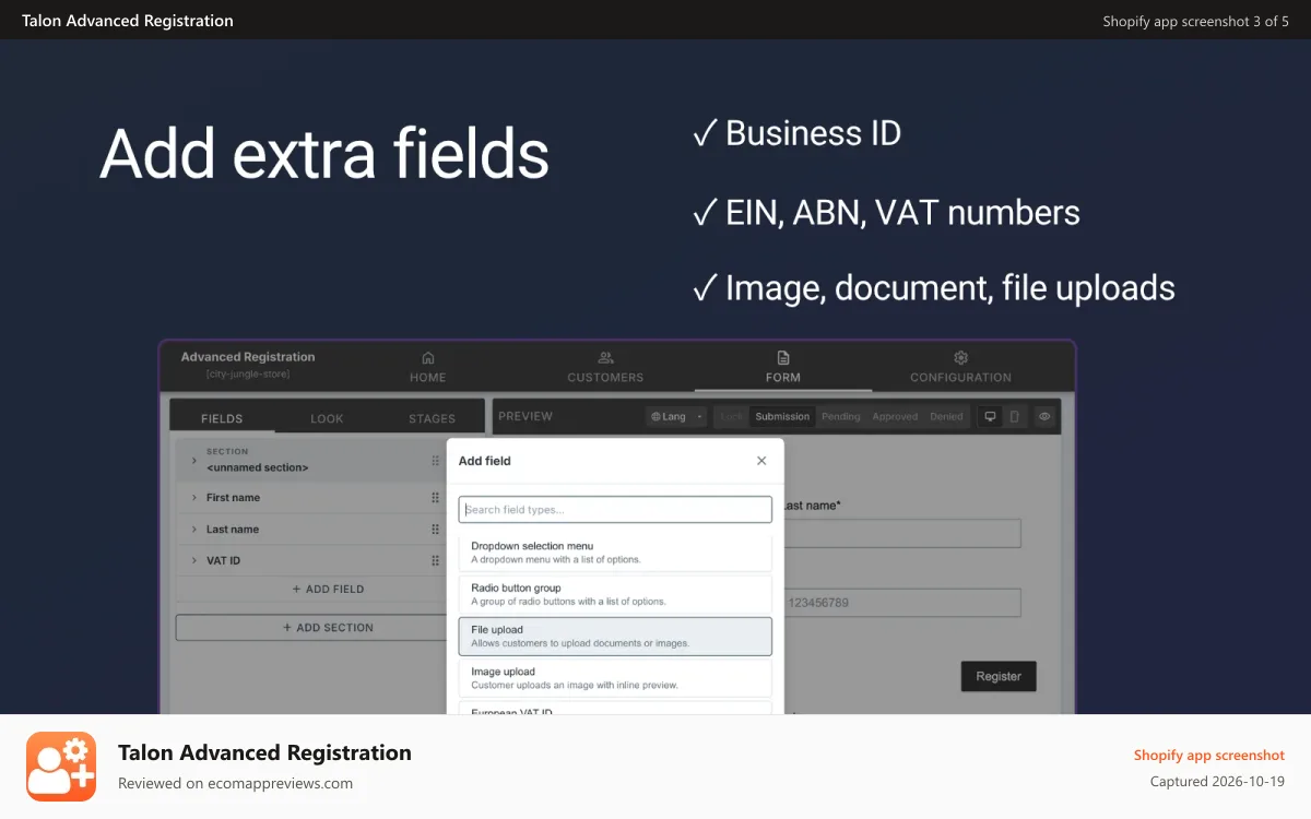 Talon Advanced Registration Shopify app screenshot: Add extra fields