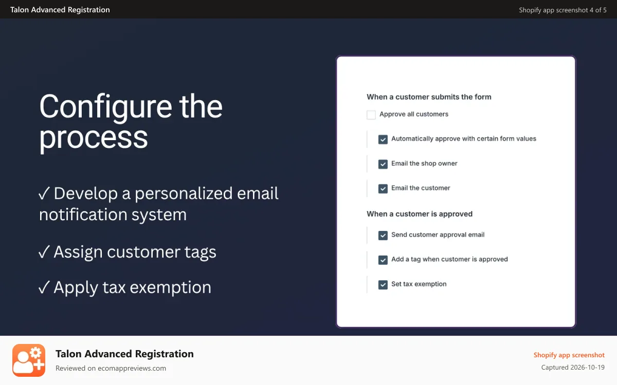 Talon Advanced Registration Shopify app screenshot: Configure the process