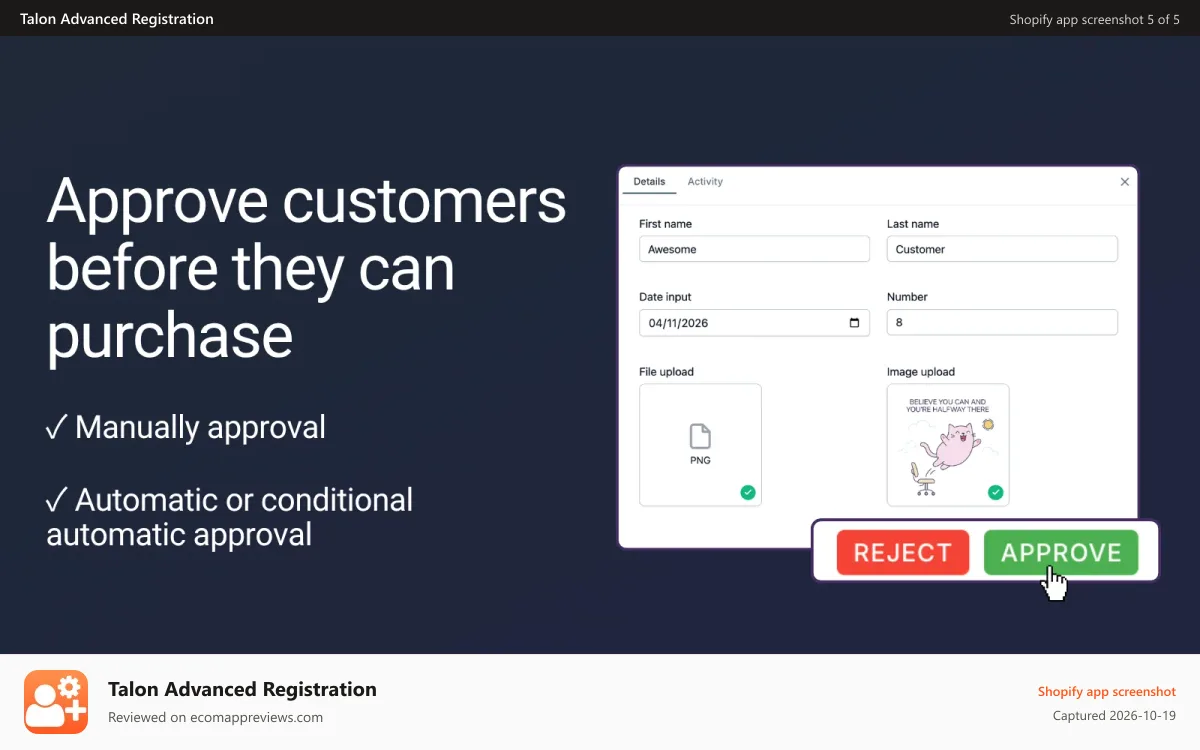 Talon Advanced Registration Shopify app screenshot: Approve customers before they can purchase