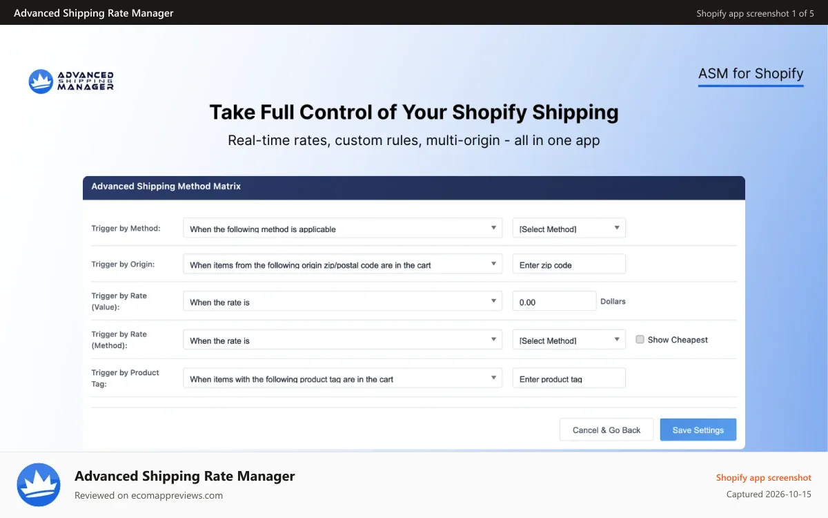 Advanced Shipping Rate Manager Shopify app screenshot: ASM allows you to take full control of your Shopify shipping