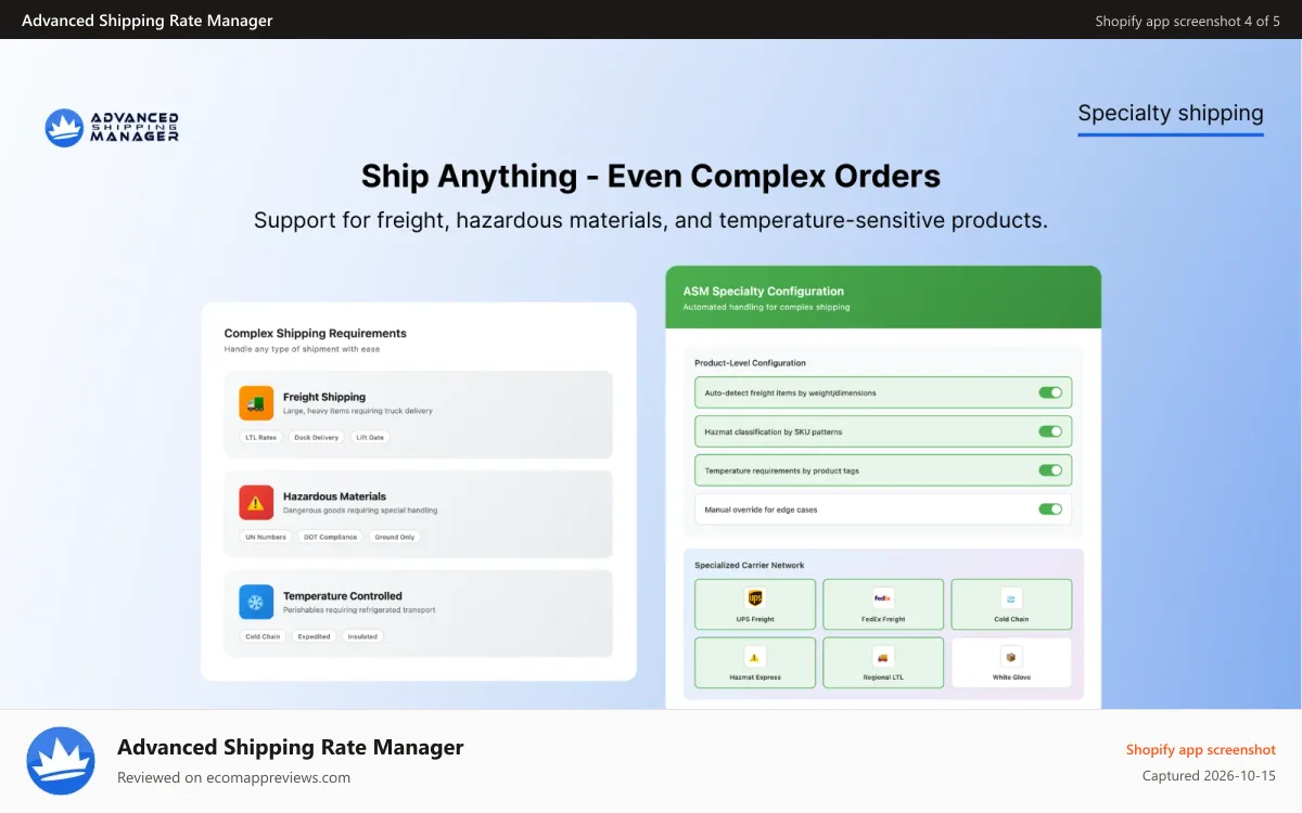 Advanced Shipping Rate Manager Shopify app screenshot: ship freight, hazmat temperature-sensitive products with ASM
