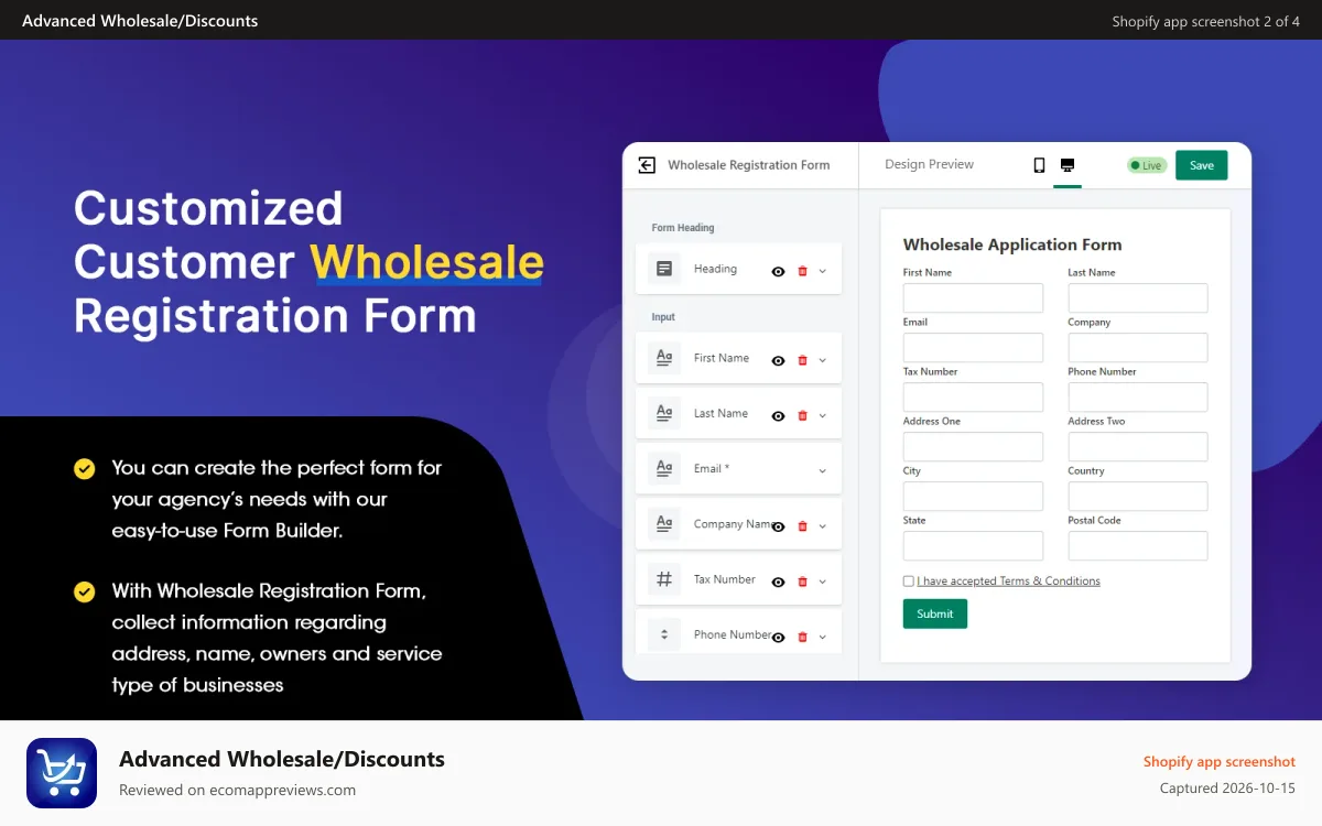 Advanced Wholesale/Discounts Shopify app screenshot: Wholesale registration form