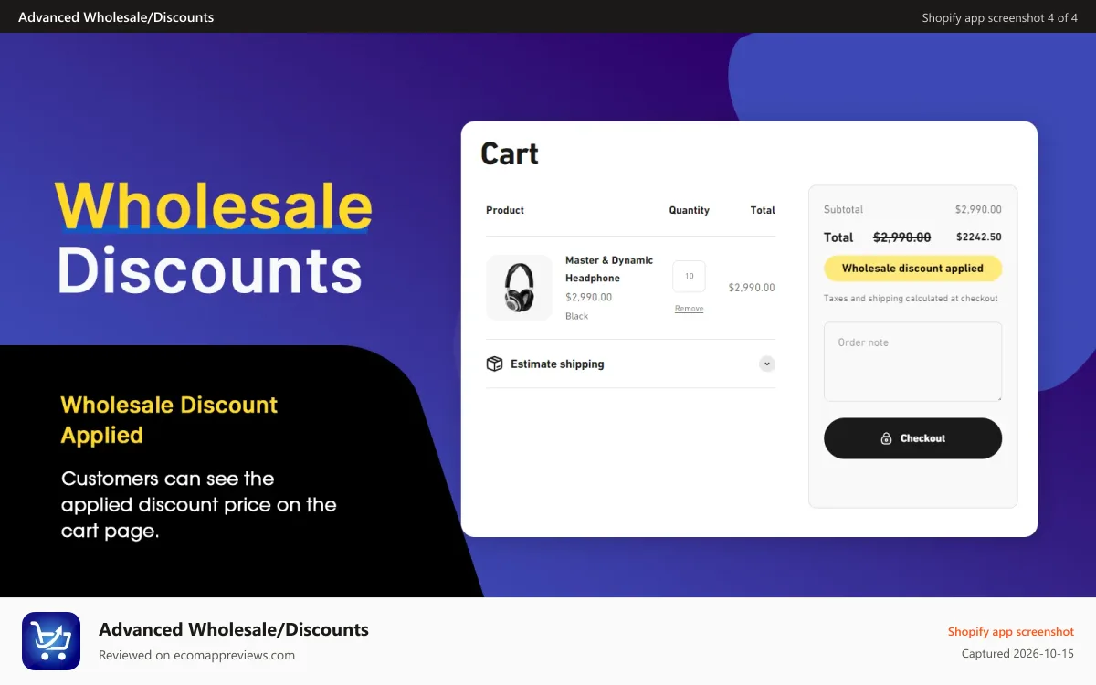 Advanced Wholesale/Discounts Shopify app screenshot: Storefront cart page wholesale discount