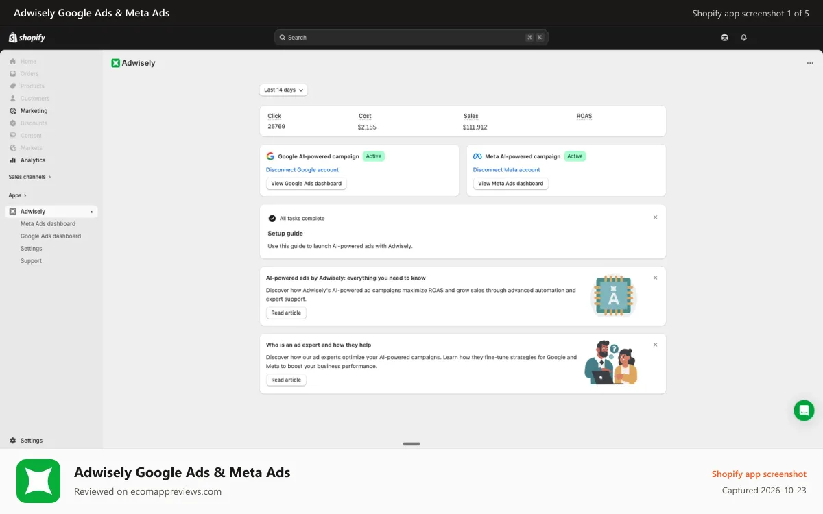 Adwisely Google Ads & Meta Ads Shopify app screenshot: AI-powered Meta and Google paid advertising, ads with high ROAS