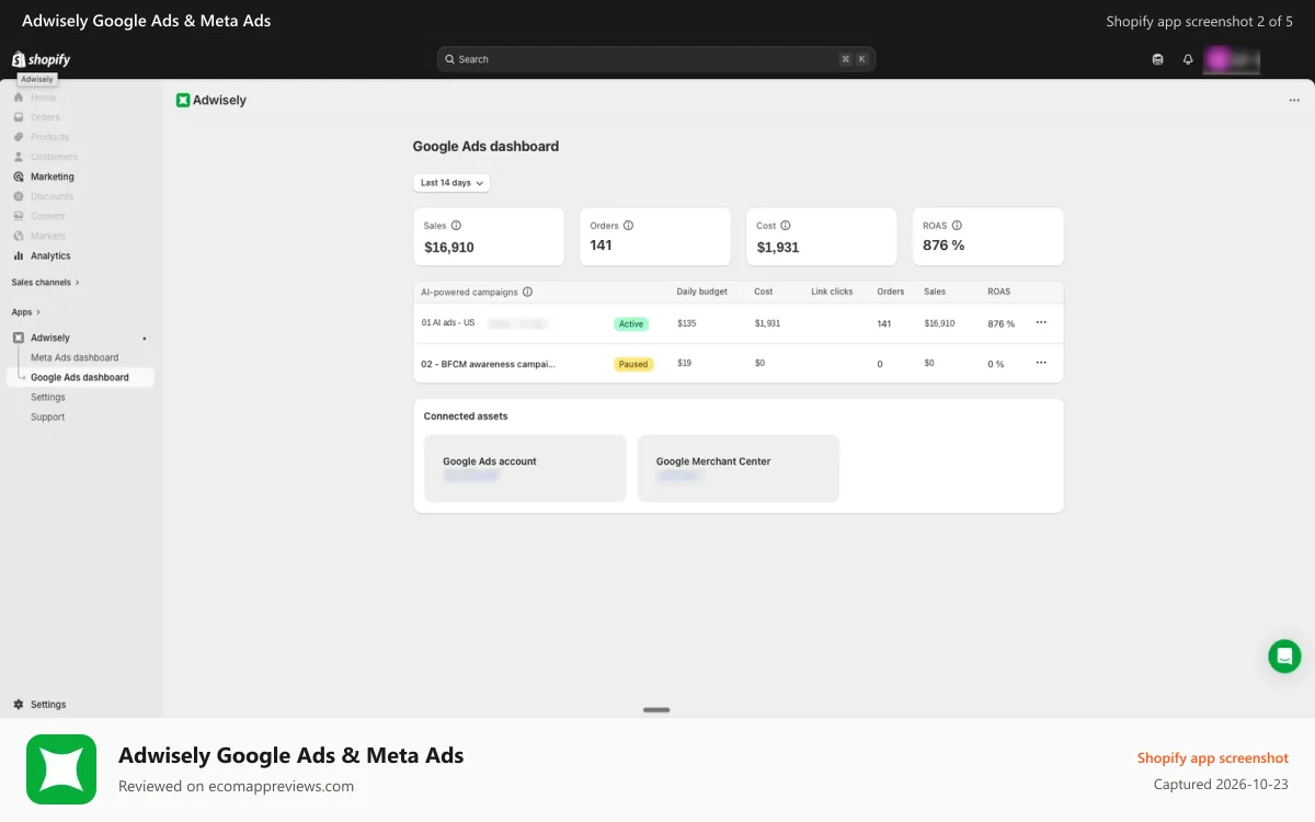 Adwisely Google Ads & Meta Ads Shopify app screenshot: Adwisely setup guide: launch AI ads on Shopify in minutes