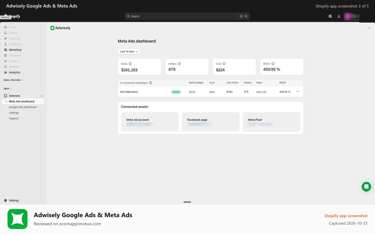 Adwisely Google Ads & Meta Ads Shopify app screenshot: Adwisely Meta AI-powered campaign wizard