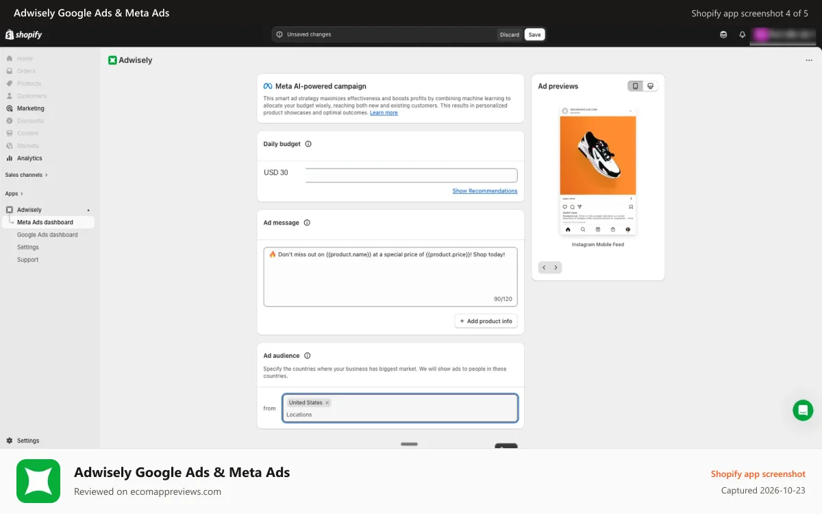 Adwisely Google Ads & Meta Ads Shopify app screenshot: ads, Traffic boost, More sales, Prospecting ads, Retargeting ads