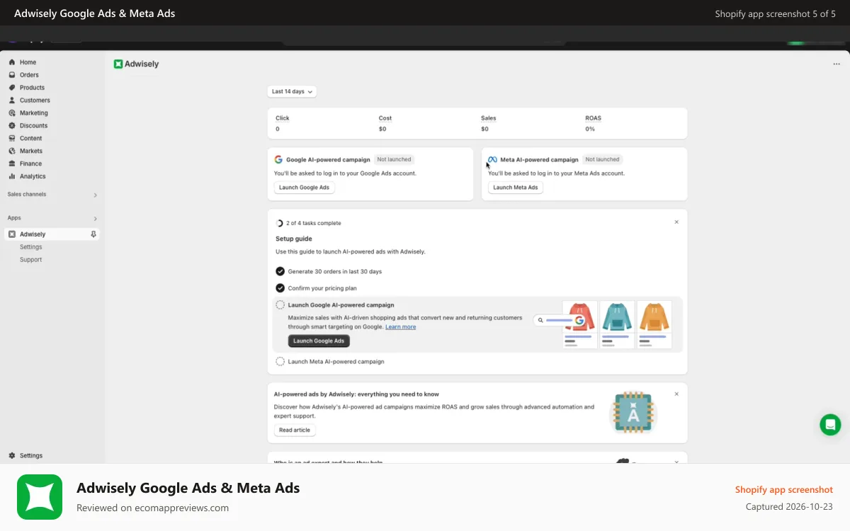 Adwisely Google Ads & Meta Ads Shopify app screenshot: AI-powered ads, Meta ads, Google ads, Instagram ads, Youtube ads