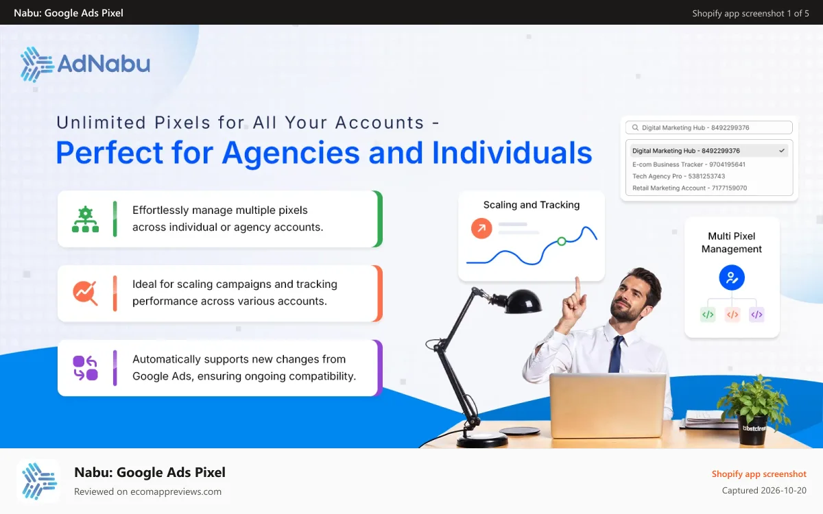 Nabu: Google Ads Pixel Shopify app screenshot: Error-Free Google Tracking with the Google Ads conversion pixel