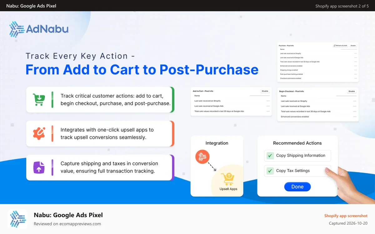 Nabu: Google Ads Pixel Shopify app screenshot: Enhanced conversion pixel sends privacy-safe first-party data